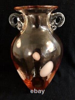 Art glass vase pink with handles polka dot