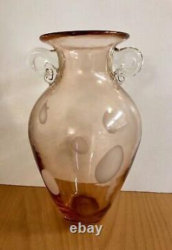 Art glass vase pink with handles polka dot