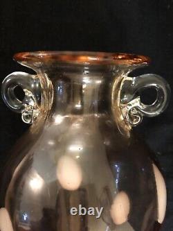 Art glass vase pink with handles polka dot