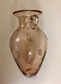 Art glass vase pink with handles polka dot