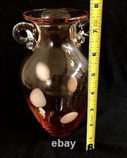 Art glass vase pink with handles polka dot