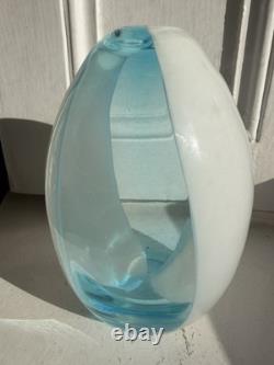 Asymmetric Blue White Cased Art Glass Egg Vase Signed Star Pontil Mark