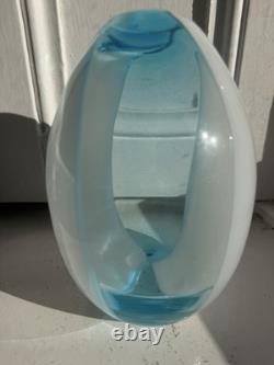 Asymmetric Blue White Cased Art Glass Egg Vase Signed Star Pontil Mark