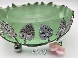 Bagley Art Nouveau Green Frosted Glass Posy Vase In Silver Metal Case