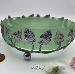 Bagley Art Nouveau Green Frosted Glass Posy Vase In Silver Metal Case