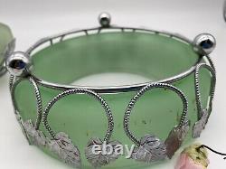 Bagley Art Nouveau Green Frosted Glass Posy Vase In Silver Metal Case