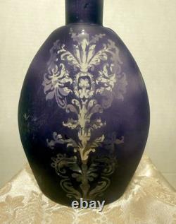 Beautiful Frosted Black Amethyst Purple Etched Art Glass Vase