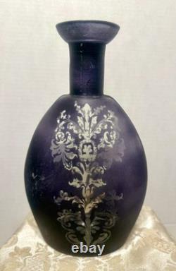 Beautiful Frosted Black Amethyst Purple Etched Art Glass Vase