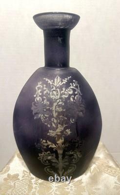 Beautiful Frosted Black Amethyst Purple Etched Art Glass Vase