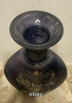 Beautiful Frosted Black Amethyst Purple Etched Art Glass Vase