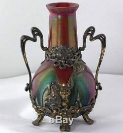 Beautiful Loetz, Rindskopf, Art Glass Pulled Feather Vase In Art Nouveau Frame