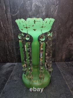 Beautiful Victorian Glowing Opaline Glass Green Lustre Vase 28cm tall Bohemian