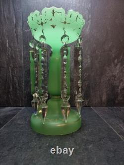 Beautiful Victorian Glowing Opaline Glass Green Lustre Vase 28cm tall Bohemian