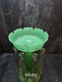 Beautiful Victorian Glowing Opaline Glass Green Lustre Vase 28cm tall Bohemian
