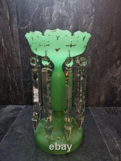 Beautiful Victorian Glowing Opaline Glass Green Lustre Vase 28cm tall Bohemian