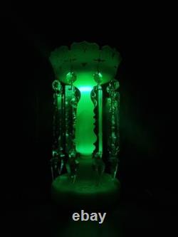Beautiful Victorian Glowing Opaline Glass Green Lustre Vase 28cm tall Bohemian