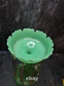 Beautiful Victorian Glowing Opaline Glass Green Lustre Vase 28cm tall Bohemian