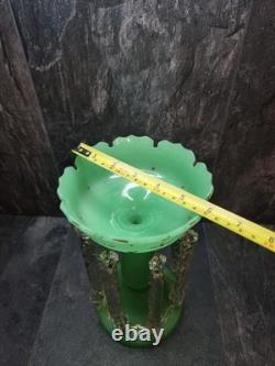 Beautiful Victorian Glowing Opaline Glass Green Lustre Vase 28cm tall Bohemian