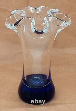 Beranek Czech Art Glass Vase Blue Polished Bottom Clear Ruffled Top 6 tall