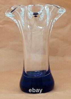 Beranek Czech Art Glass Vase Blue Polished Bottom Clear Ruffled Top 6 tall