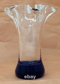 Beranek Czech Art Glass Vase Blue Polished Bottom Clear Ruffled Top 6 tall