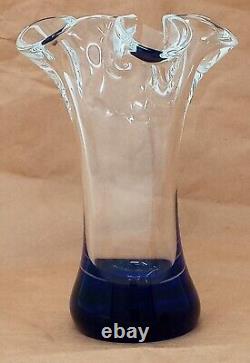 Beranek Czech Art Glass Vase Blue Polished Bottom Clear Ruffled Top 6 tall