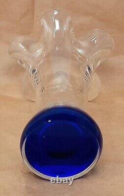 Beranek Czech Art Glass Vase Blue Polished Bottom Clear Ruffled Top 6 tall