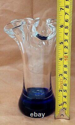 Beranek Czech Art Glass Vase Blue Polished Bottom Clear Ruffled Top 6 tall