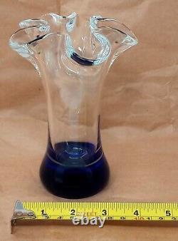 Beranek Czech Art Glass Vase Blue Polished Bottom Clear Ruffled Top 6 tall