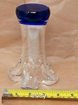 Beranek Czech Art Glass Vase Blue Polished Bottom Clear Ruffled Top 6 tall