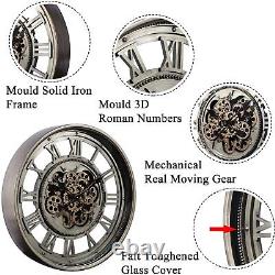 Big Roman Numerals Wooden/Metal Skeleton Large Rotating Gears Wall Clock 54/60cm