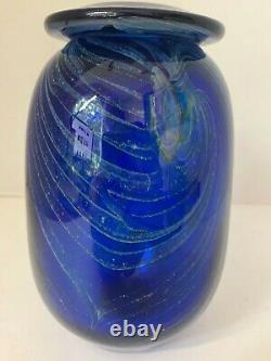 Blue Art Glass 7 inch Vase Signed G White Avril 1977 Isle of Wight MCM Vintage