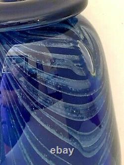 Blue Art Glass 7 inch Vase Signed G White Avril 1977 Isle of Wight MCM Vintage