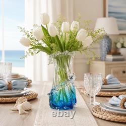 Blue Glass Vase, Hand Blown Art Glass Vase for Coastal Home Decor