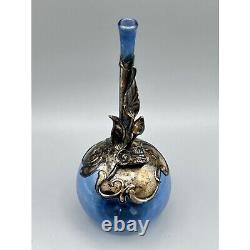 Blue Thin Glass Vase Sterling Silver Overlay Decor Flowers Art Glass Home Decor