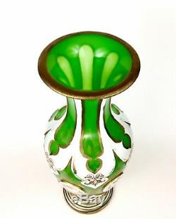 Bohemia Cut to Green Vase White Enamel Overlay Gold Gilt Czech Art Glass