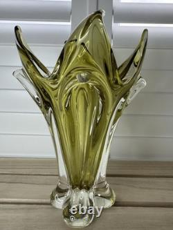 Bohemia Czech Olivine Green and Clear Glass Vase Absolutely Gorgeous. VGC