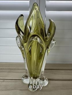 Bohemia Czech Olivine Green and Clear Glass Vase Absolutely Gorgeous. VGC
