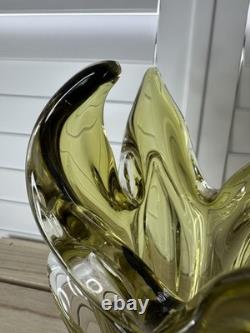Bohemia Czech Olivine Green and Clear Glass Vase Absolutely Gorgeous. VGC