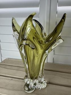 Bohemia Czech Olivine Green and Clear Glass Vase Absolutely Gorgeous. VGC