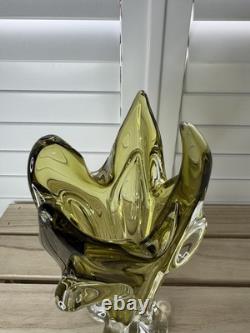Bohemia Czech Olivine Green and Clear Glass Vase Absolutely Gorgeous. VGC