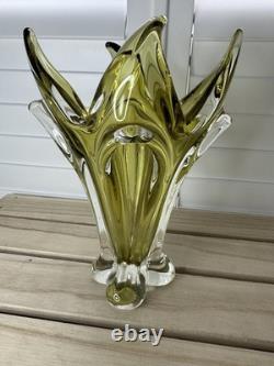 Bohemia Czech Olivine Green and Clear Glass Vase Absolutely Gorgeous. VGC