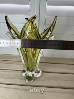 Bohemia Czech Olivine Green and Clear Glass Vase Absolutely Gorgeous. VGC