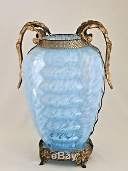Bohemian Art Deco Agua Blue Ribbed Spatter Glass Vase 11.5 Gilt Metal Mounted