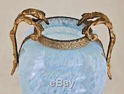 Bohemian Art Deco Agua Blue Ribbed Spatter Glass Vase 11.5 Gilt Metal Mounted