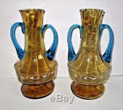 Bohemian Art Glass Vases Moser Floral Matched Pair Amber Blue Victorian