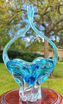 Bohemian Crystal Glass Large Basket Vase Blue Art Glass Vase Vintage Egermann