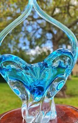 Bohemian Crystal Glass Large Basket Vase Blue Art Glass Vase Vintage Egermann