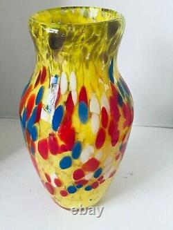 Bohemian Czech Art Deco Spatter Glass 11 Inch Vase 1930s Yellow Red Blue White