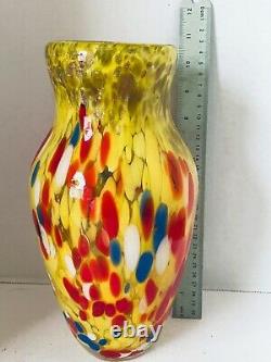 Bohemian Czech Art Deco Spatter Glass 11 Inch Vase 1930s Yellow Red Blue White